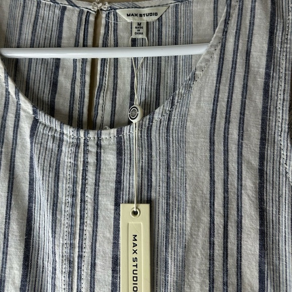 NWT Max Studio Blue White Striped Linen Blend Mini Dress Pockets Coastal Preppy - Picture 3 of 5
